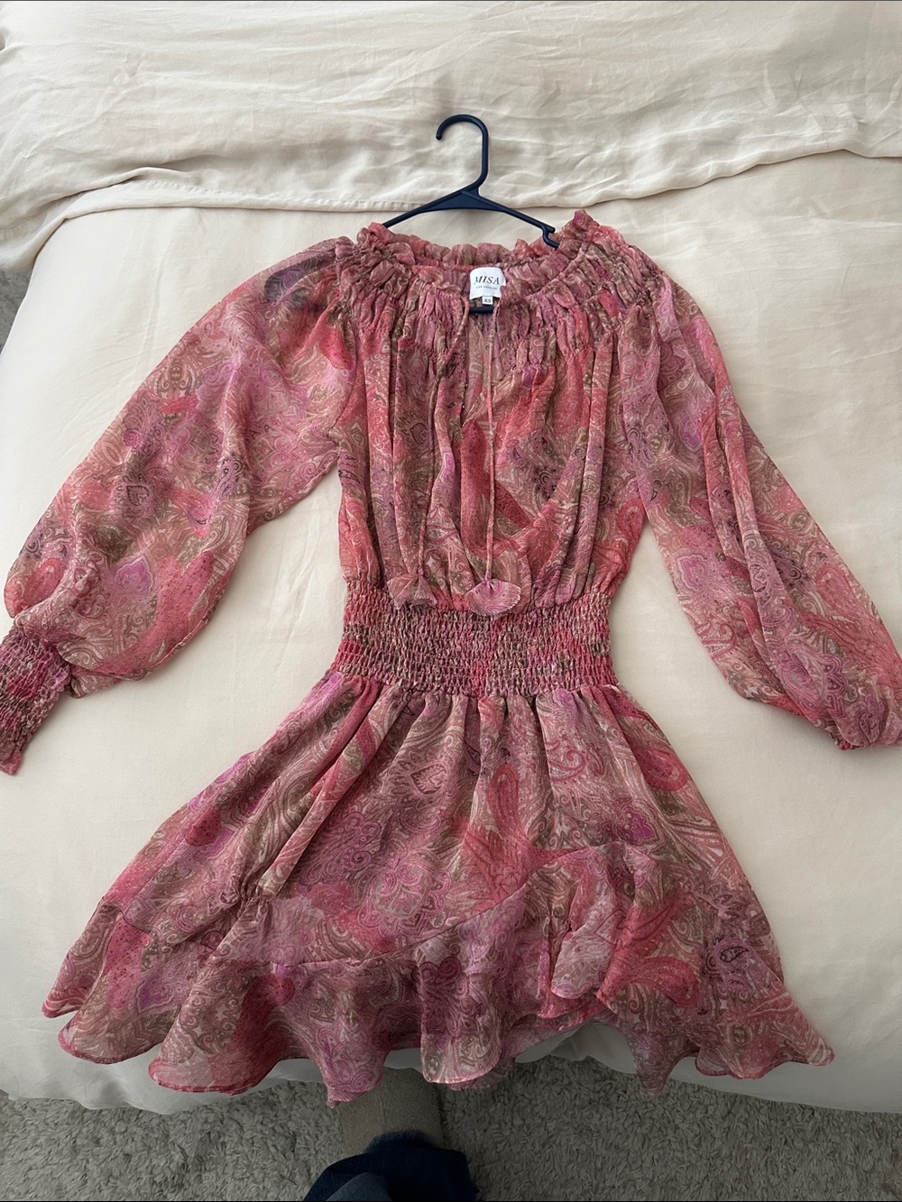 Misa Los Angeles Pink Paisley Smocked Waist Ruffle Hem Dress